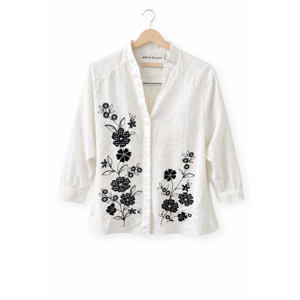 Alfred Dunner‎ Womens 20W White Embroidered Floral Blouse Silver Stripe Plus